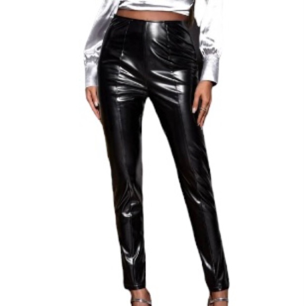 Disco HOT PANTS Faux Leather Vegan Black Stretch Pants Womens Small